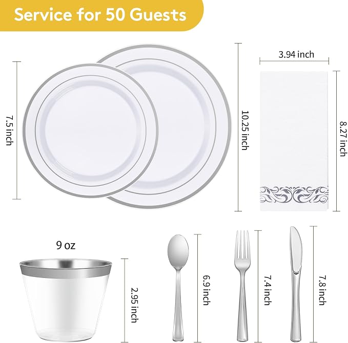 350 Pcs Silver Dinnerware Sets for 50 Guests, Disposable Plate Set | Plastic Plates for Wedding, Party, Include: 50 Dinner Plates, 50 Dessert Plates, 50 Paper Napkins, 50 Cups, 50 Silverware Set