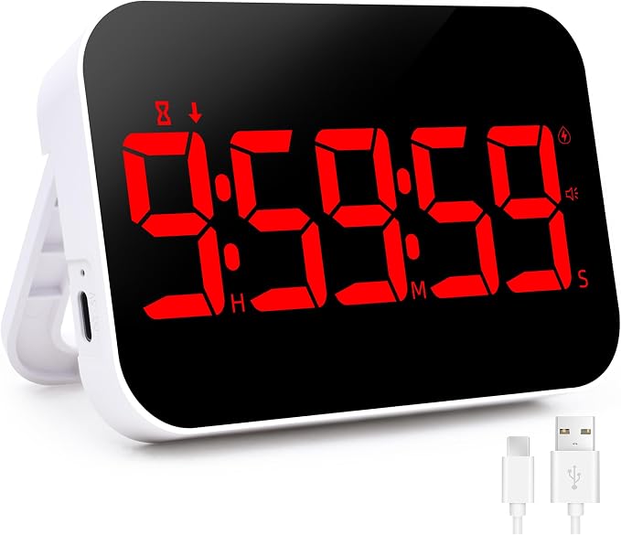 Kitchen Digital RED Timer, Count Down Up, Rechargeable, Vibration Mode Adjustable Volume and Brightness LED Display, Time Management Cook, Desk