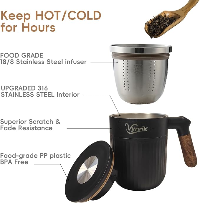 Tea Infuser Cup Doubles As Insulated Coffee Mug, Tea Cup With Lid And Handles, Removable Stainless Steel Tea Strainers For Loose Tea (Black)