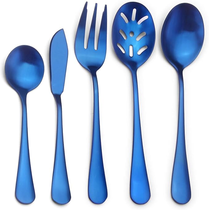 Matte Blue Serving Set, SHARECOOK 5-Piece 18/0 Stainless Steel Large Hostess Set with Round Edge, Satin Finished, Dishwasher Safe -Spoons, Forks,Butter Knife& Slotted Spoon