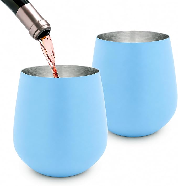K&K Home Stainless Steel Unbreakable Stemless Wine Glasses - 15 oz - Set of 4 Colored, Stemless Metal Wine Glasses Perfect for Outdoors, Weddings, and Parties (Matte Blue)