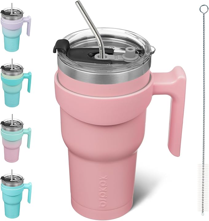 BJPKPK 30 oz Tumbler with Handle & Straw, Insulated Stainless Steel Mug | Double Wall Vacuum, Keeps Hot/Cold, Thermal Cup, BPA Free, Dishwasher Safe, Cupholder Fit, Coffee & Travel, Light Pink