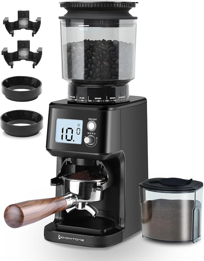 Homtone Conical Burr Espresso Coffee Grinder,51 Precise Settings,Electric Mill with Portafilter Holder, 2-12 Cups Adjustable, Anti-static, Stainless Steel, 120V