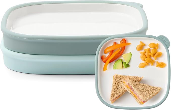 Ello Clean Start Ceramic Toddler Plates with Sleeves, 2 Pack, Dewdrop/Grayed Jade