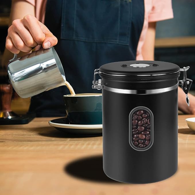 ROCKY&CHAO 2800ML Coffee Canister with Date Tracker&Transparent Window, 35OZ Coffee Container with 30ML Measure Spoon&4 co2 Valve, Coffee Bean Storage Container for Grounds Coffee, Beans, Tea(Black)