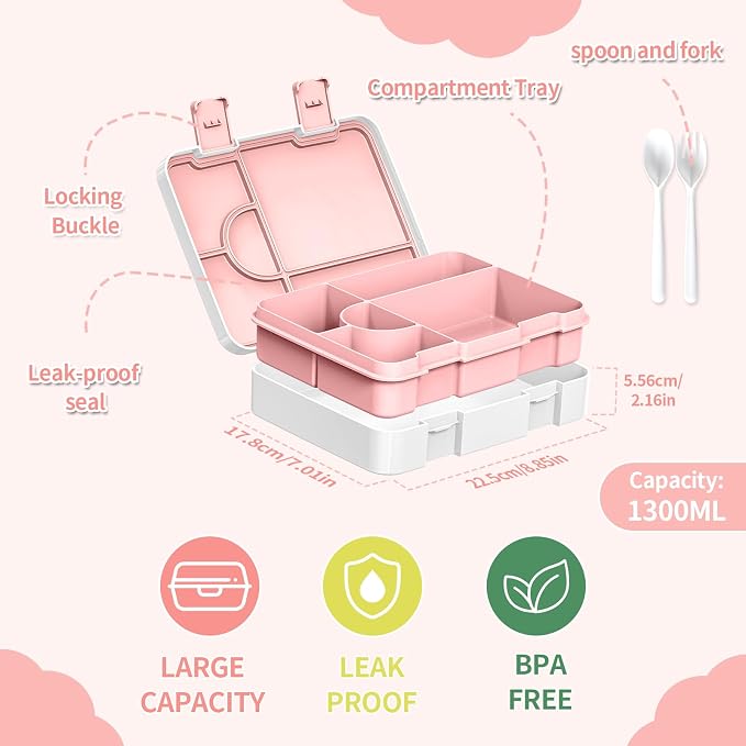 Bento Lunch Box for Kids, Leak-Proof 5-Compartment Cute Lunchbox for Boys Girls, Drop-Proof, Food Container Microwave & Dishwasher Safe, Back to School Supplies for Ages 3 to 7, White/Mermaid