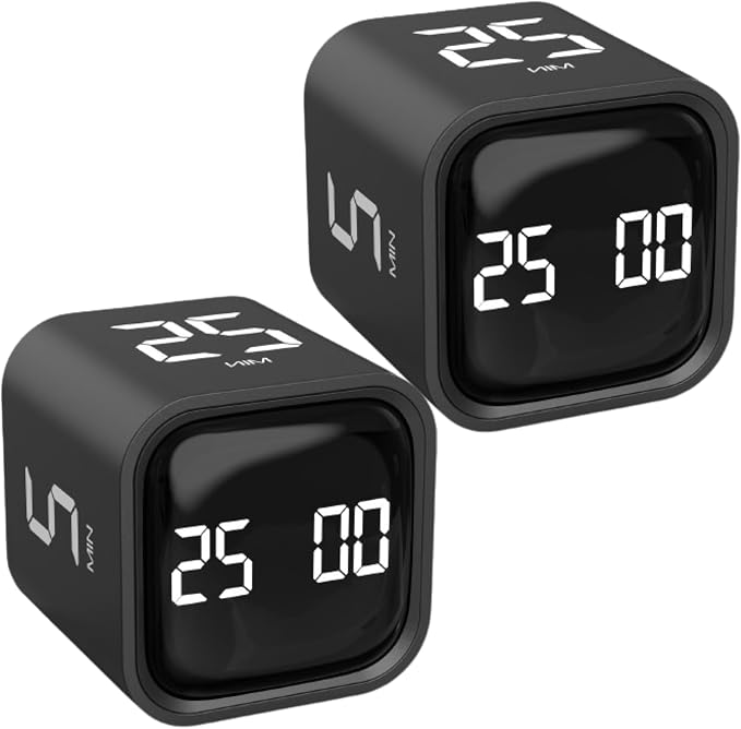 Rotating Pomodoro Timers 5/25/10/50, Desk Productivity ADHD Timer, 2 Black | Countdown/Stopwatch Cube Timer, Vibration/High/Low Volume/Custom Modes, for Work Study, Back to School, Kitchen