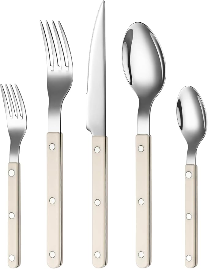 Khen Cutlery Set of 20, 18/8 Stainless Steel Flatware, Modern Silverware for Home, Kitchen, Dining & Table Setting for 4 – Stainless Steel, Dishwasher Safe, Lightweight & Ergonomic Design Gift - Cream