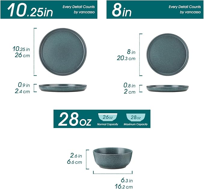 vancasso ZERMATT 18 Pieces Stoneware Dinnerware, Plates and Bowls Set for 6 | Dinnerware Set for 6 in Smoky Teal Reactive Glaze Stoneware, Kitchen Dinner Set, Microwave and Dishwasher Safe