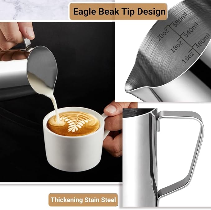 Milk Frothing Pitcher, 600ml (20oz) Milk Frother Cup Stainless Steel Jug Steaming Pitcher, Milk Coffee Cappuccino Latte Art Barista Steam Pitchers Milk Jug Cup with Decorating Pen