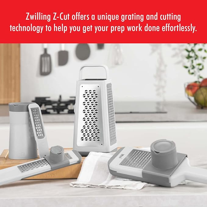 ZWILLING Z-Cut Tower Multifunctional Box Grater, Faster Grating Technology, Cheese Grater, Zester, Garlic grater, Slicer, Rasp Grater and more, Gray