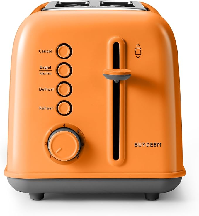 BUYDEEM DT620 2-Slice Toaster, 7 Shade Settings, Extra Wide 1.5'' Slots for Bagel & English Muffin, 6 Toasting Functions, Retro Stainless Steel Toaster with High Lift Lever, Orange