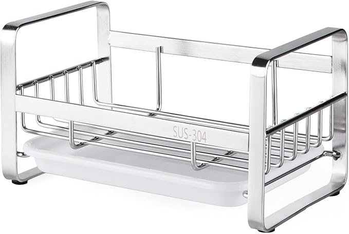 HULISEN Kitchen Sink Sponge Holder, 304 Stainless Steel Kitchen Soap Dispenser Caddy Organizer, Countertop Soap Dish Rack Drainer with Removable Drain Tray, not Including Dispenser and Brush | Removable Drain Tray, Holds Sponges Soap Bottles Brushes, C...
