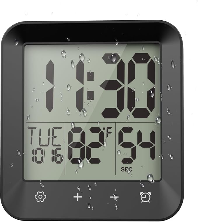 Waterproof Shower Clock, Digital Bathroom Kitchen Wall Clock Timer w/Temp. | w/Calendar, Touch Screen, Suction Cup, Hanging Hole, Battery Operated,Black