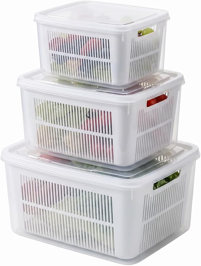 Kruggo Fruit Storage Container For Fruit Kitchen Storage (A, S+M+L) | Removable Colander Produce Storage Containers for Fridge Organizer