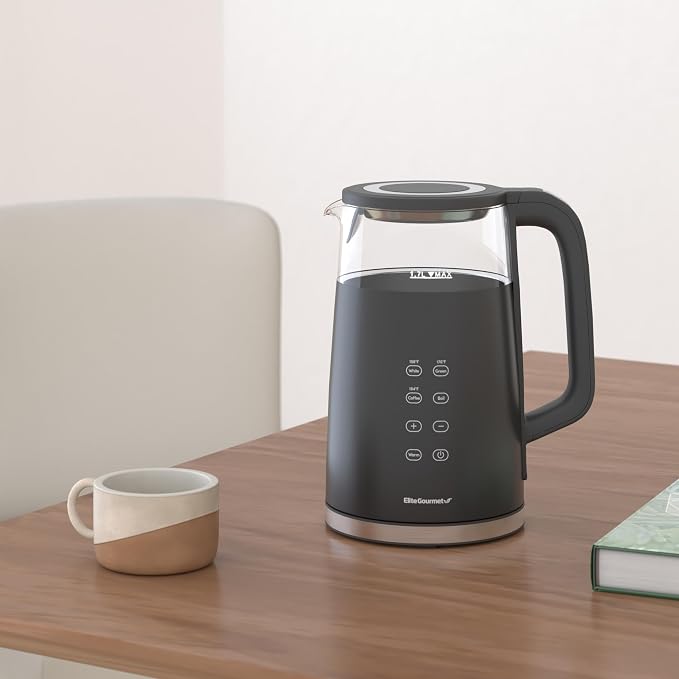 Elite Gourmet 1.7L Dual-Wall Cool-Touch Tea Kettle, Touchscreen, Black | Borosilicate Glass, 304 Stainless Steel Interior, Programmed Digital Keep Warm, Auto Off & Audible Indicator
