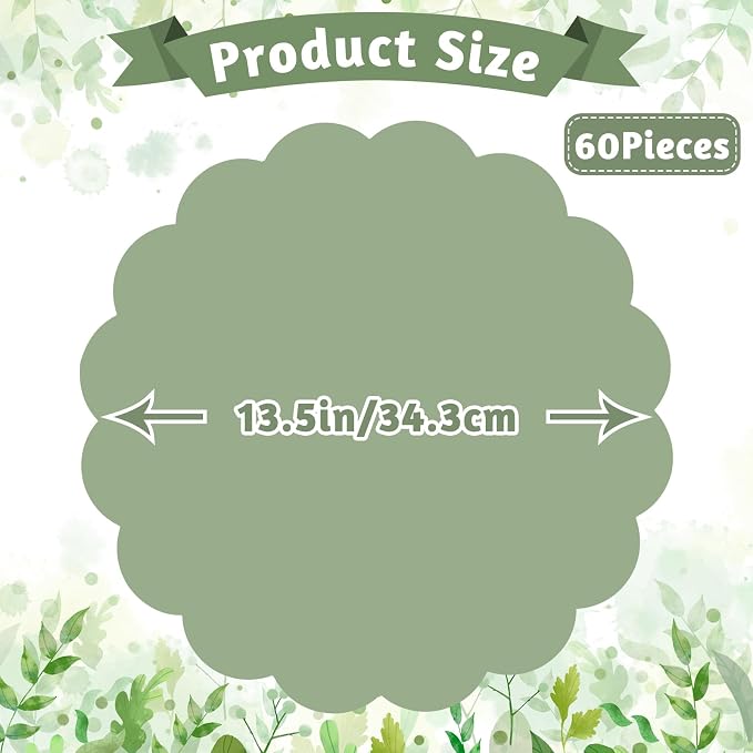 60 Pcs Sage Green Paper Placemat, Disposable Scalloped Wedding Placemats | 13.5 Inch Round Table Place Mats, Round Table Place Mats for Birthday Wedding Bridal Shower Baby Shower Banquet Tea Party
