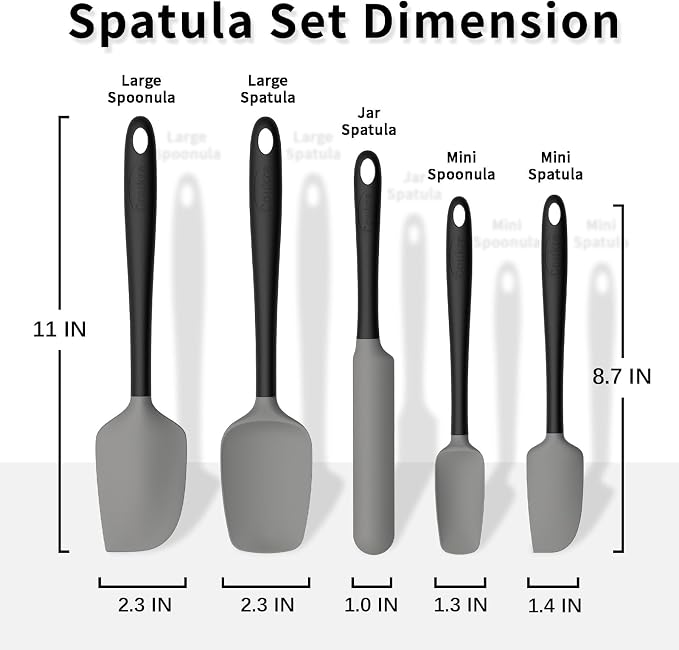 Coukre Silicone Spatula Set of 5,High Temperature Resistant, Food Grade Silicone, Dishwasher Safe, for Baking, Cooking (Gray Black)