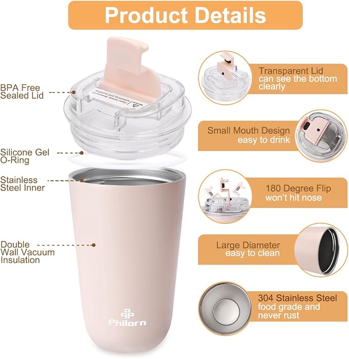 PHILORN Pink Coffee Tumbler - 12 OZ Insulated Coffee Mug With Lid | Leak Proof Thermo Cup for Hot and Iced Drinks, Stainless Steel Vacuum Pink Cup with Double Wall