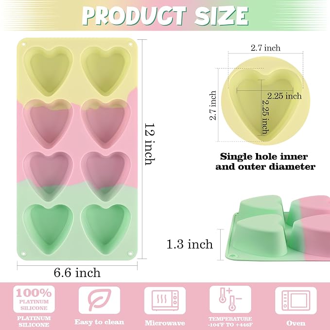 2 Pack 2.7″ Heart Cake Molds, 8 Cavity Silicone Baking Molds for Cake, Muffin, Egg Bites, Cupcake, Bread, Mousse (Green,Yellow,Pink)
