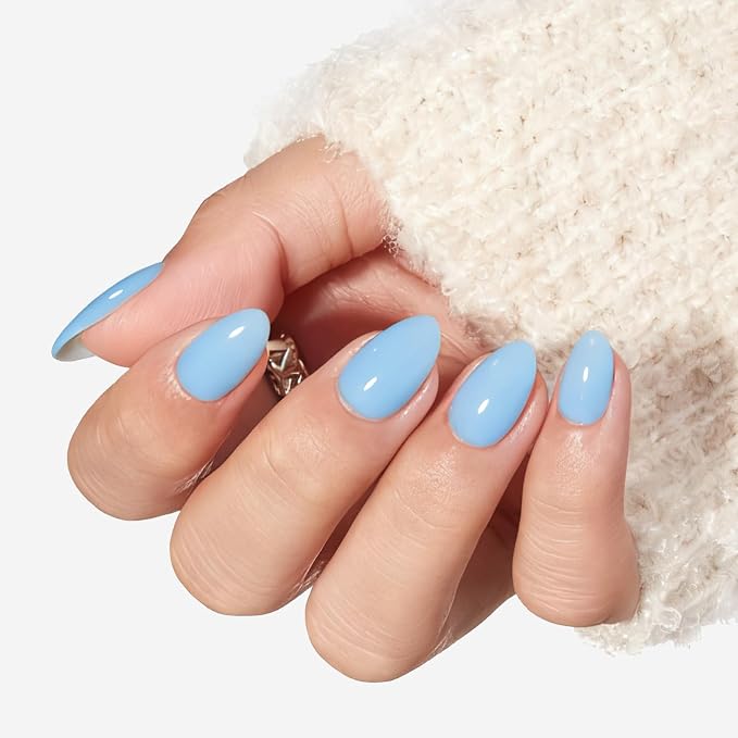 modelones Blue Short Press on Nails, Oval Fake Nails Kit Press On Nails | with Nail Glue, Adhesive Tabs, Nail File, Prep Pad, Manicure Stick, 32Pcs 16 Sizes, Summer Women Girl Gift