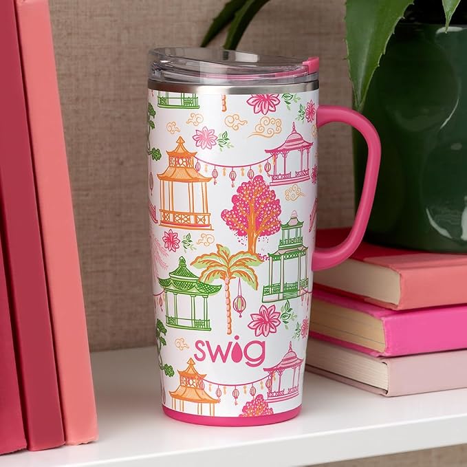 Swig Life 22oz Insulated Travel Mug with Handle & Lid, Pagoda Paradise | Triple Insulated Stainless Steel - Handle & Lid Included - Keeps Coffee Hot or Cold - Cup Holder Friendly