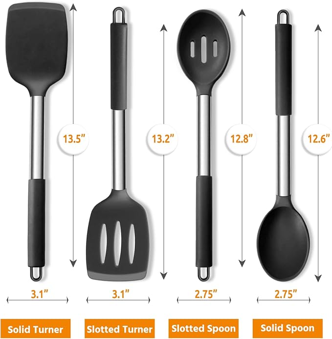 E-far Silicone Cooking Kitchen Utensils Set of 4 for Non-stick Cookware | Heat Resistant & Non-toxic, Includes Slotted Spatula Solid Spoon Turner, For Flipping Mixing Serving Basting, Black