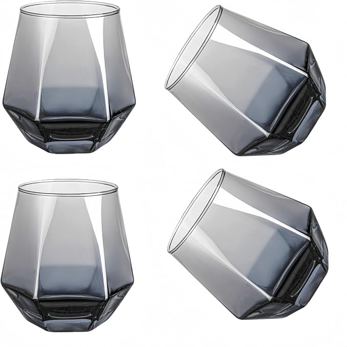 Wine Glasses Set Of 4,Stemless Diamond Wine Glass Shape 10 Oz Gray Christmas Glassware Dishwasher Safe, Spill-Proof Design For Red Wine, Cocktail, Whiskey, Bourbon for Wine Lovers (Gray)