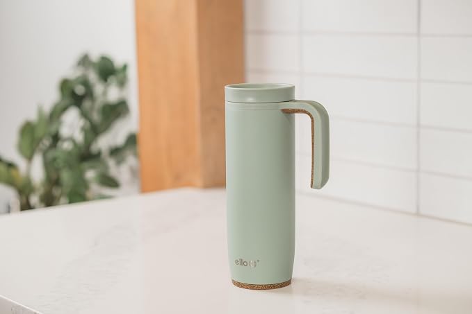 Ello Magnet 18oz Insulated Stainless Steel Travel Mug with Handle, Sage | Leakproof coffee tumbler with side handle and cork coaster. BPA-free, keeps drinks hot for 5 hours, great for coffee and tea.