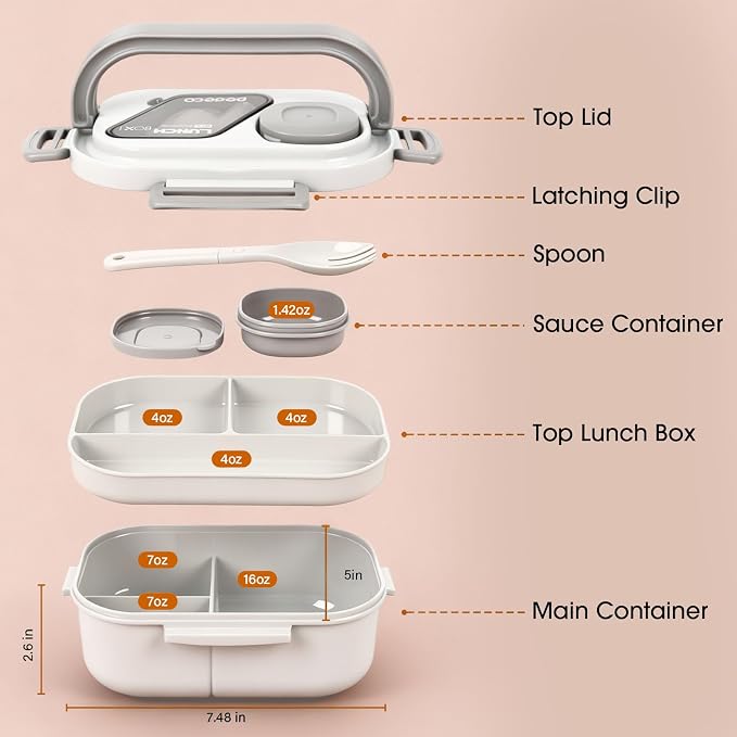 White Bento Box with Bag for Adult Kid, Leakproof 2-Layers Stackable | Insulated bag and sauce pod,2-tier stackable 1100ml ,Microwave & dishwasher safe, BPA-free,For school, work, travel, picnic