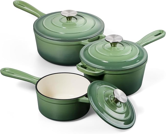 Onader 1QT & 2QT & 3QT Saucepan with Lid, Enameled Cast Iron Sauce Pan, Small Cast Iron Pot for Cooking, Enameled Dutch Oven, Nonstick & Heavy Duty – Pistachio Green