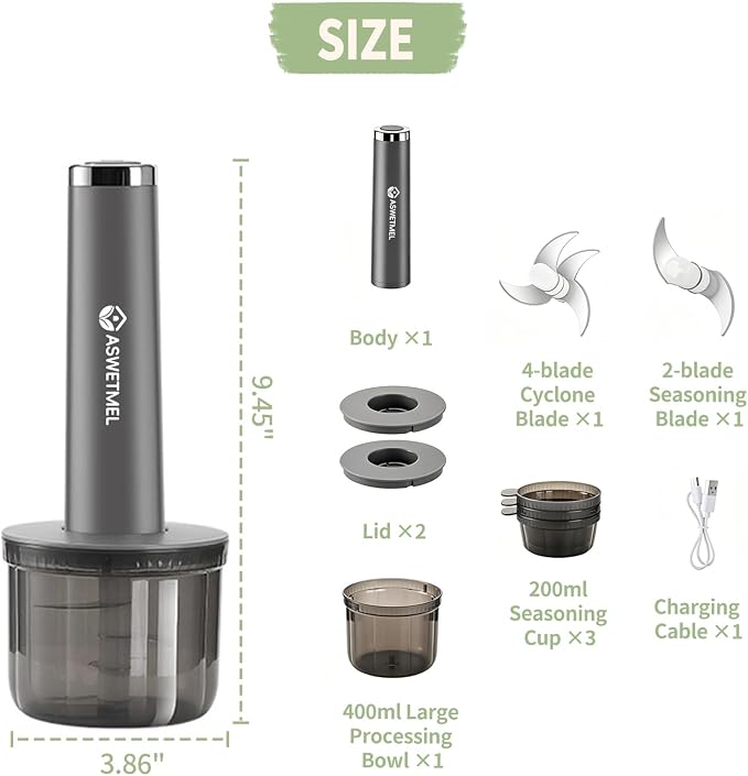 4-Cup Electric Mini Food Processor, Grey | Portable USB Small Food Processor, Electric Garlic Chopper, Garlic Mincer, for Dicing, Mincing, and Puree