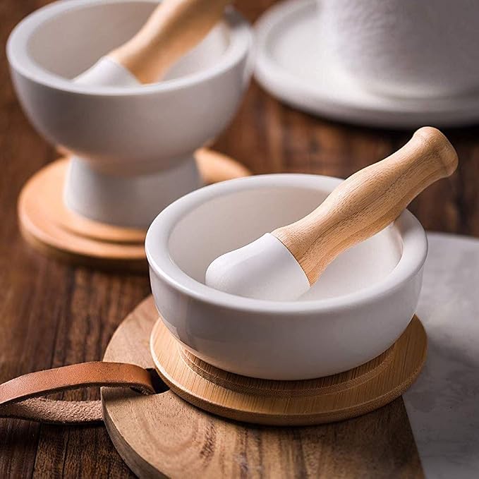 E-liu Porcelain Mortar and Pestle Set with Lid, Functional for Grinding | Pill Crusher, Spice Grinder, Herb Bowl, Pesto Powder – Molcajete for Salt - PLUS Lid/Non-Slip Base