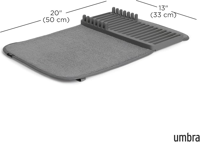 Umbra Udry Dish Drying Rack, Folding Dish Drainer Mat, Mini, Dark Grey | Absorbent microfiber base, removable tray, dishwasher safe, compact storage, BPA-free plastic