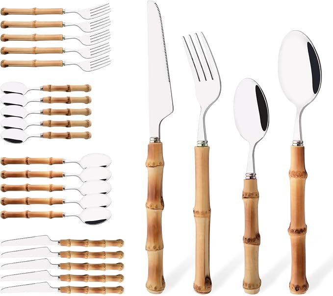 Bamboo Handle Silverware Set, 24-Piece Flatware Set for 6, Stainless Steel Cutlery Eating Utensils Include Forks Spoons and Knives for Daily Use and Party, Reusable and Modern Design