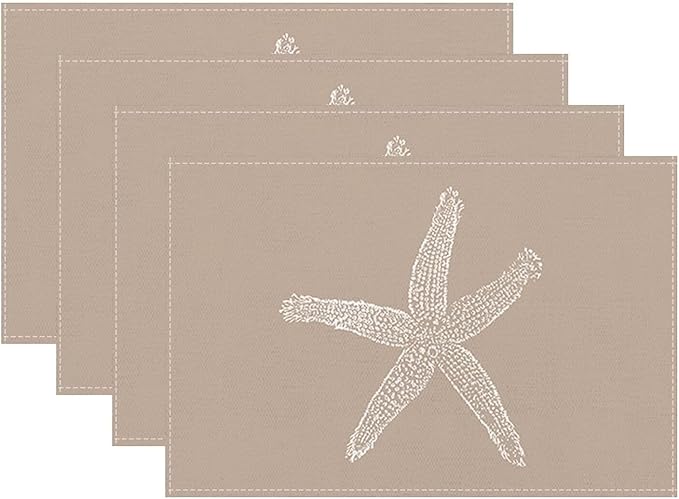 Summer Coastal Placemats Set of 4, Beach Theme Ocean Brown Tan Starfish Decorative Table Mat 12 x 18 Inch Heat Resistant Non Slip Line Fabric Nautical Place mat for Dining Table