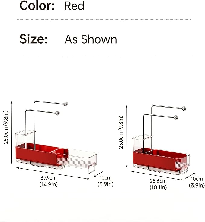 Expandable Kitchen Sink Caddy 25-38cm, 360° Rotating Sponge Holder & Brush | Red, large, stretchable 25-38cm. Side brush holder, triple drainage, rust-proof. Ideal for sponge & kitchen sink accessories.