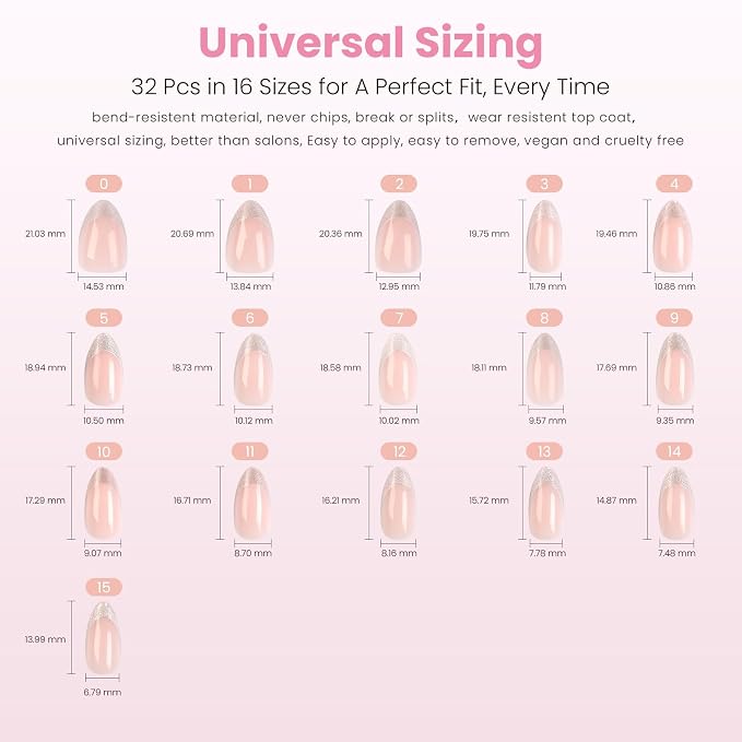 Nail Reformation Press On Nails, Sheer Nude Short Almond Fake Nails 32 Pcs | Silver Glitter French Tip with Glossy Finish, Reusable Stick On Nails in 16 Sizes False Nail Kit with Glue, Gifts for Women
