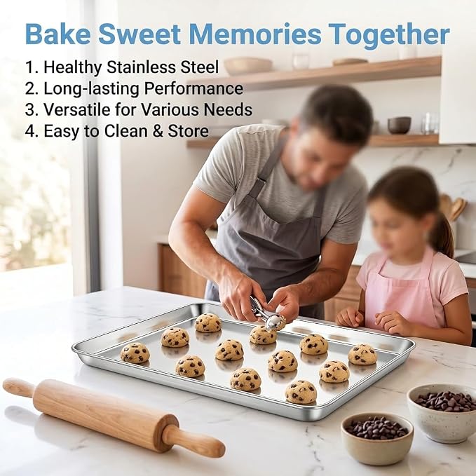 TeamFar Baking Sheet, 16"x 12"x 1" Stainless Steel Cookie Sheet Pan | Set of 2, Baking Pans Trays for Roasting/Cooking, Non-toxic & Healthy, Heavy Duty & Sturdy, Dishwasher Safe - Set of 2