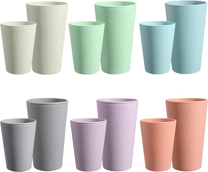 HEYCOME Set of 12 Wheat Straw Cups, 6 Pcs 20 oz & 6 Pcs 12 oz Unbreakable Drinking Cups, Reusable Plastic Cups Sets, Water Glasses Tumblers, Microwave & Dishwasher Safe, Bpa Free, 6 Colors