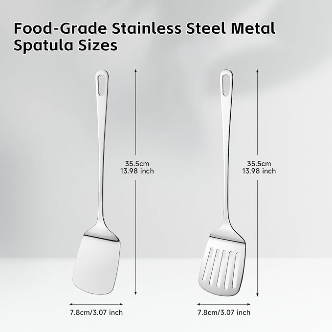 2PCS Stainless Steel Spatula, Solid & Slotted Metal Turner for Kitchen Use | Hanucci Heat Resistant, Dishwasher Safe,Heavy Duty Metal Spatula for Flipping Fish Eggs Pancakes, Everyday Kitchen Cooking