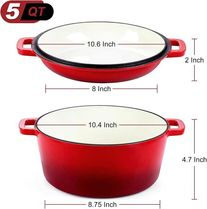 P&P CHEF 2 In 1 Red Dutch Oven Pot with Lid for Bread Baking, 5Qt | Cast Iron Bread Dutch Oven, Skillet & Pot for Roasting Braising Stewing Frying Simmering, Multi Stoves & Oven Safe