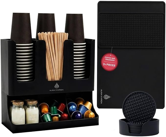 Coffee Bar Accessories and Organizer with Heat-Resistant Silicone Mat – Coffee Station Organizer 7-Piece Kit, Coffee Cup Organizer for Countertop or Cabinet with Coasters Set | Complete 7-Piece Coffee Station Bundle – Cup Organizer, Silicone Mat & 4 Ma...