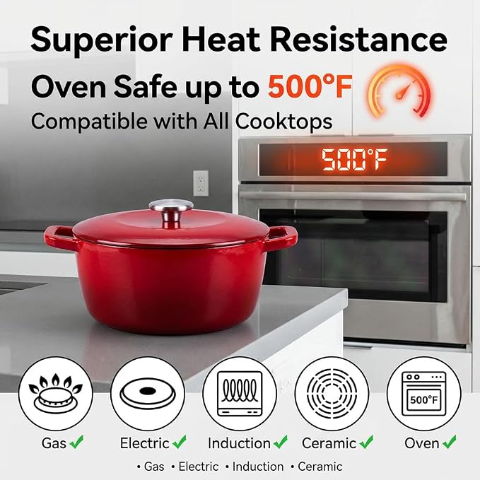 7QT Enameled Cast Iron Dutch Oven,Concave Self-Basting Lid,Red | Versatile,heavy-duty Large Dutch oven,PFAS-free,oven safe to 500°F,sourdough,braising/stews/roasting,Housewarming Gift