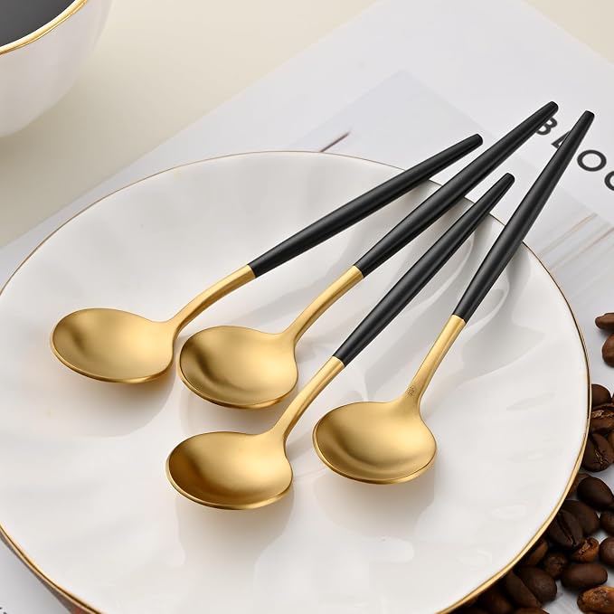 5.1 Inches Matte Gold Coffee&Tea Spoons With Black Handle,Small Gold Demitasse Spoons,Mini Stirring Spoon For Espresso,Set Of 4 Cute Small Spoon