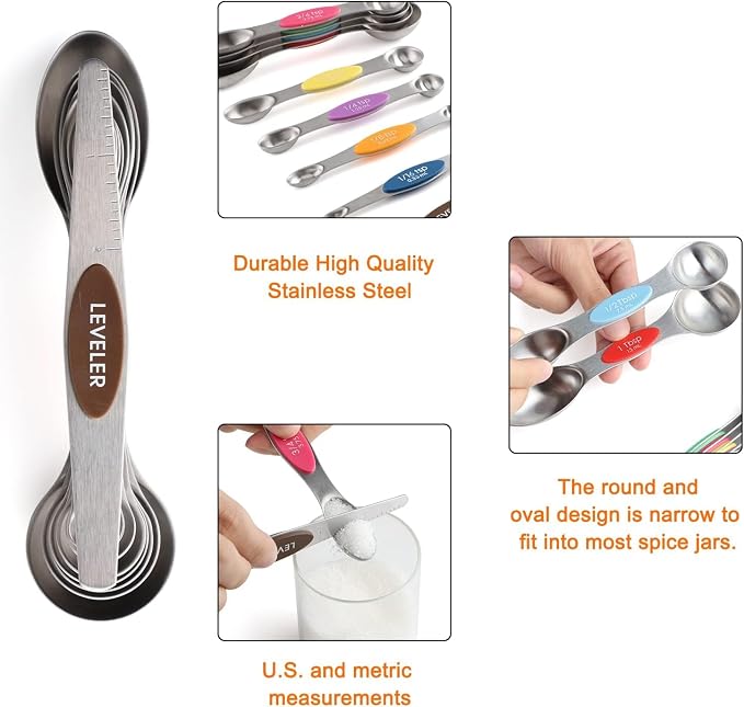 Measuring Cup and Spoon Set Stainless Steel Includes 7 Stackable Measuring Cups 8 Double-Sided Magnetic Measuring Spoons, 1 Level Meter for Dry and Liquid Ingredients