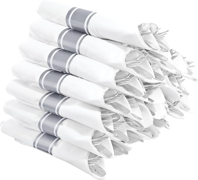 30 Pack Pre Rolled Silver Plastic Silverware, Linen Napkin Set | Heavy Duty Disposable Wrapped Flatware Cutlery Set for Business Banquets, Weddings, Thanksgiving Christmas