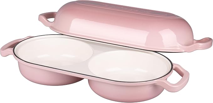 Enameled Cast Iron Double Dutch Oven with Lid, Dual Round Loaf Pan, Bread pan for Homemade Sourdough Bread Baking, Pink