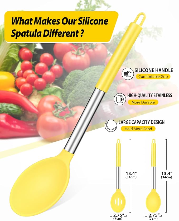 BUNDLEPRO Silicone Cooking Spoons for Non Stick Cookware, 2 Pack, Yellow | Heat Resistant, Large Kitchen Spoons for Mixing, Serving, Draining, Stirring