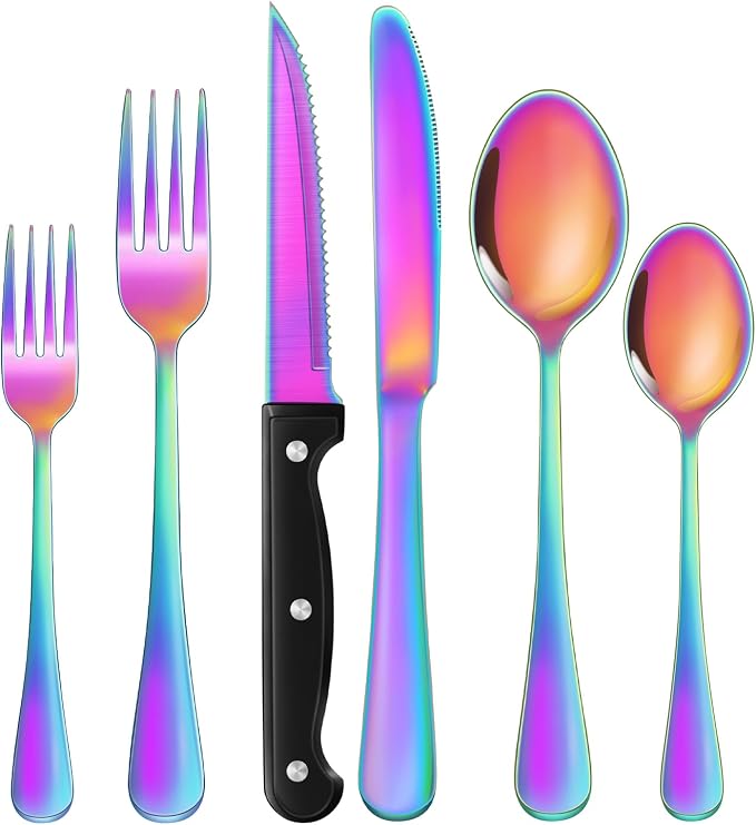 24-Piece Rainbow Silverware Set with Steak Knives Black Stainless Steel Flatware Set for 4 Food Grade Tableware Cutlery Set Rust-proof, Mirror Polished, Dishwasher Safe
